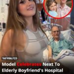 Model sparked outrage by celebrating next to her elderly boyfriend’s hospital bed after being named in his will.